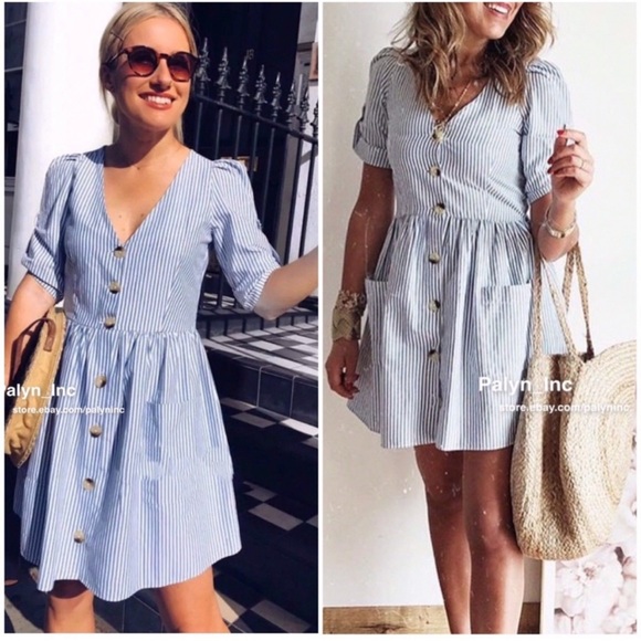 ZARA SS18 SKY BLUE STRIPED DRESS WITH POCKETS - Picture 14 of 16